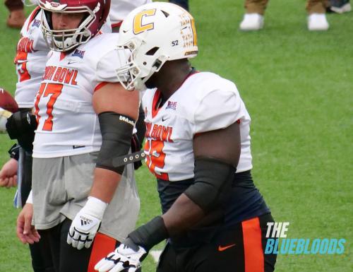 Mobile, AL – February 1: Chattanooga OL McClendon Curtis On The Second Day Of Practice At The 2023 Senior Bowl (Photo by Zach McKinnell, The Bluebloods)