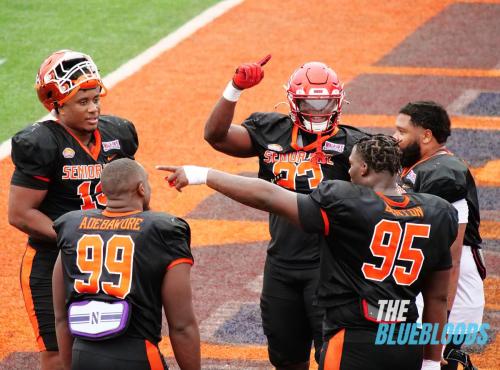 Mobile, AL – February 1: The National Team Defensive Line On The Second Day Of Practice At The 2023 Senior Bowl (Photo by Zach McKinnell, The Bluebloods)